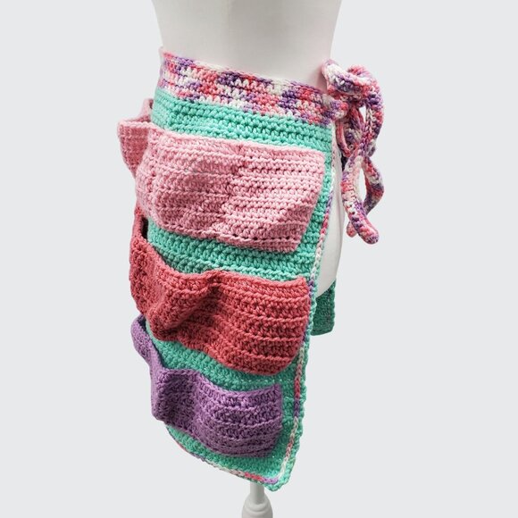 Egg Collecting Apron Blue Pink Purple Yarn Handmade Crochet Apron - Picture 2 of 5